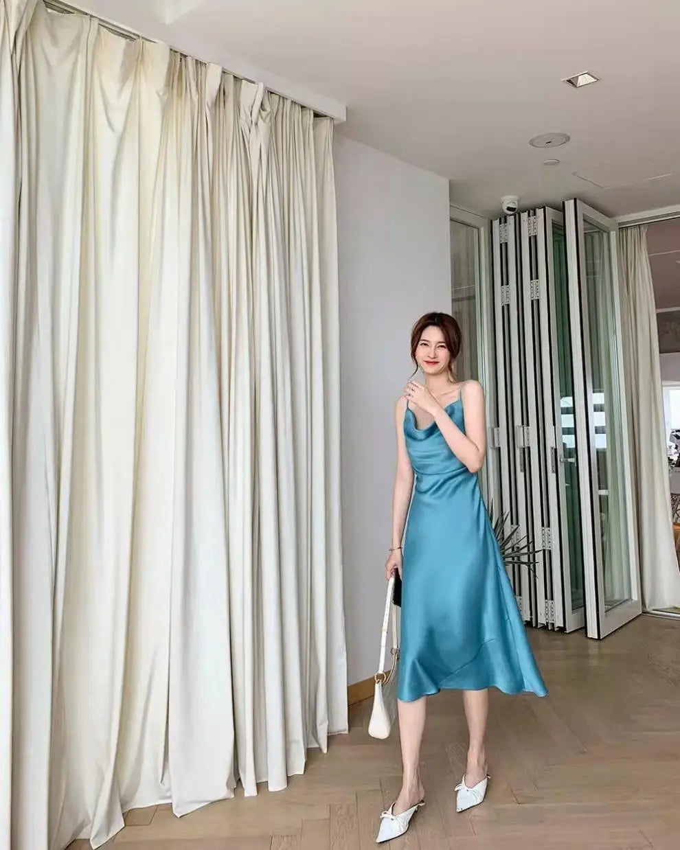Slimming A-Line Midi Dress Women's Summer 2026 New Style Drapey Strapless Gown Gentle Wind Long Dress Polyester Solid Color