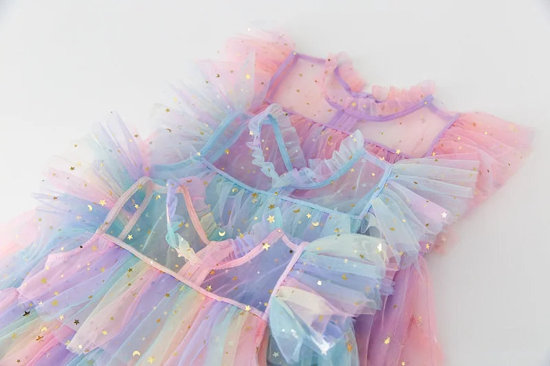 Girls Rainbow layered Dress Birthday Dress Teens Girl Clothes Summer Sequined Princess Mesh Tutu Dresses Kid Party Costume