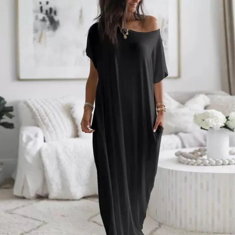 Women's Summer Solid Short Sleeve Maxi Dress Casual Loose Fit for Beach Holiday and Daily Leisure