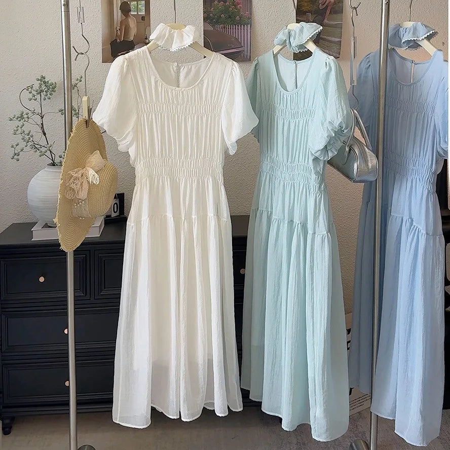 Temperament Dress 2025 Summer Korean Edition Reduced Age Bubble Sleeve Hundred Fold Waist Long Dress