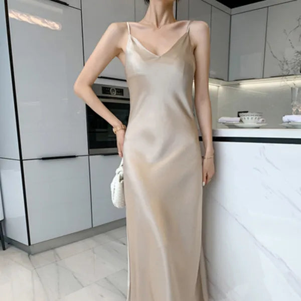 Asyabuykal Women's Satin A-Line Party Dress - V-Neck Spaghetti Strap