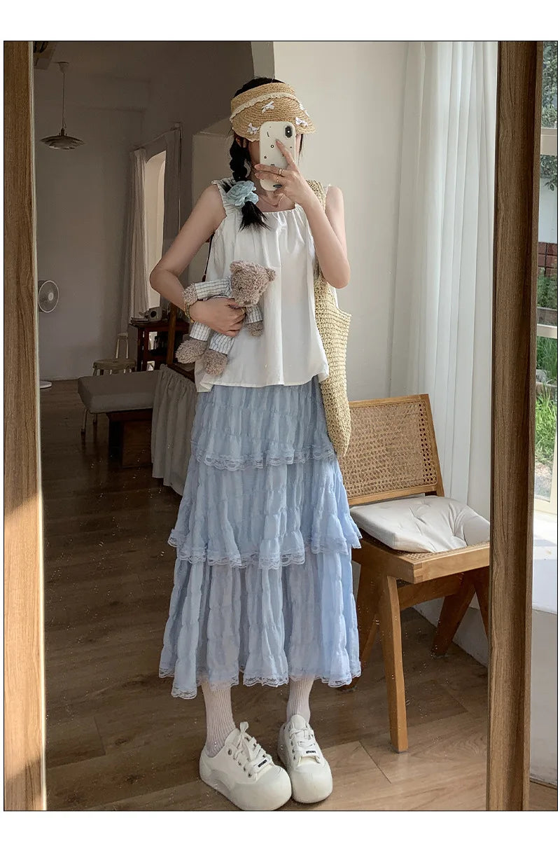 Sweet Lace Ruffles Long Skirt Women Summer Cute Puff Cake A Line Skirt Woman Korean Style High Waist White Chiffon Tulle Skirt