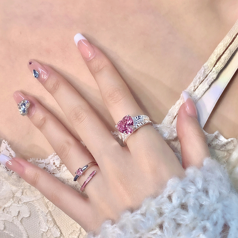 2025 Kpop Pink Zircon Heart Open Ring for Women Girls Luxury Blue Opal Heart Couple Finger Rings Wedding Y2K Jewelry