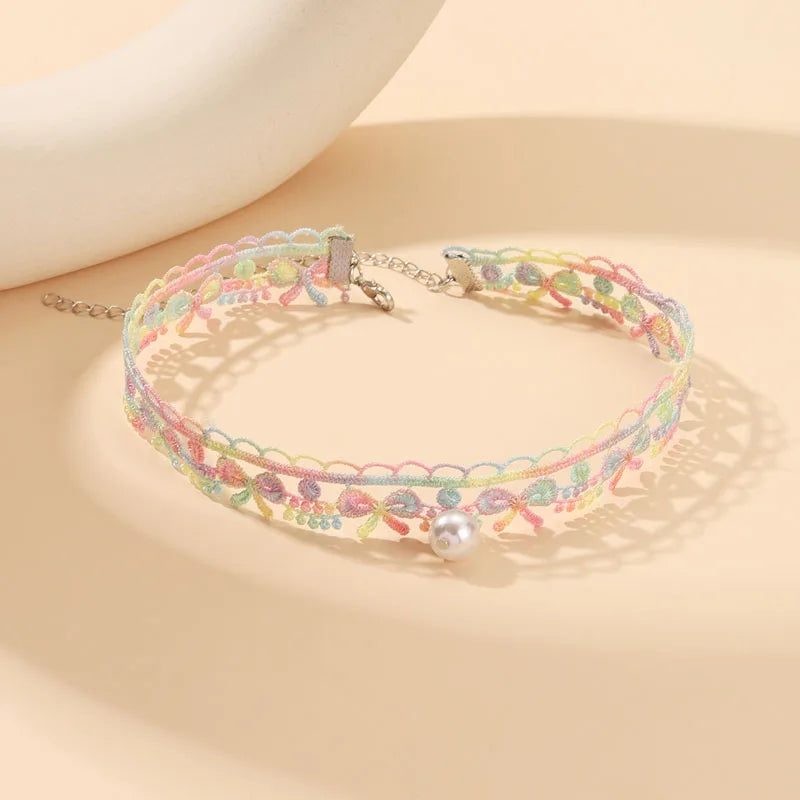 5 Pieces Sweet Pink Lace Choker Necklace Set For Women'S With Flower Pearl Dangle Clavicle Jewelry Accessories For Girls