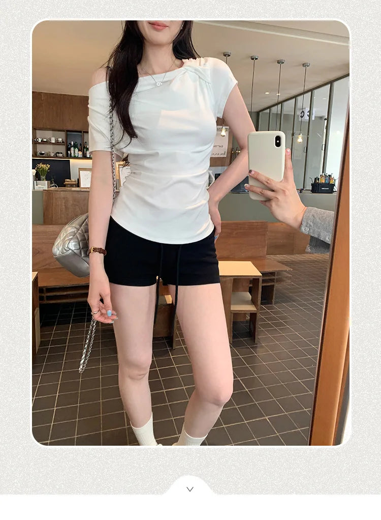 Slim Fit Short Sleeve T-Shirt Women Summer New Style Shoulder Bared Neckline Gathered Waist Elastic Band Casual Style Top