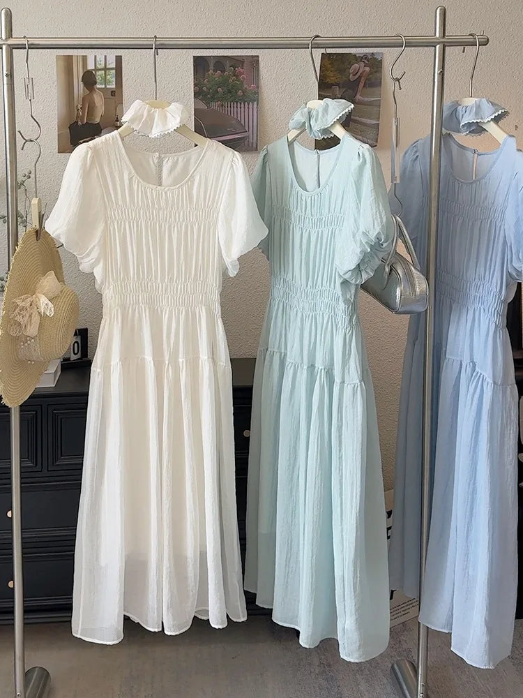 Temperament Dress 2025 Summer Korean Edition Reduced Age Bubble Sleeve Hundred Fold Waist Long Dress