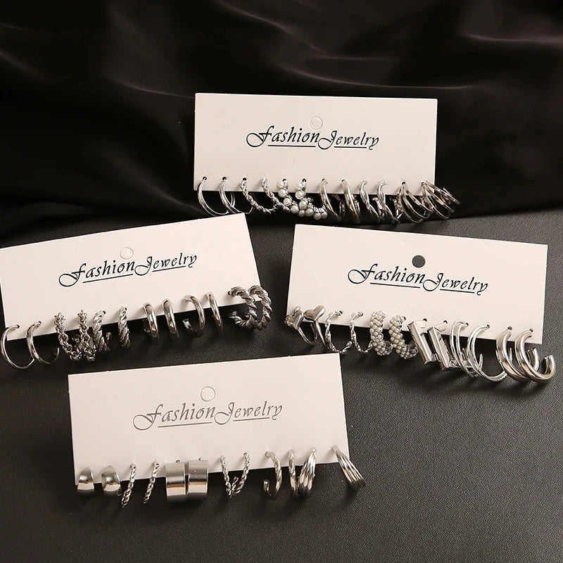 Silver Color Pearl Twist Hoop Earrings Set For Women'S Jewelry Pendientes Vintage Circle Geometric Dangle Earrings Trendy Gifts