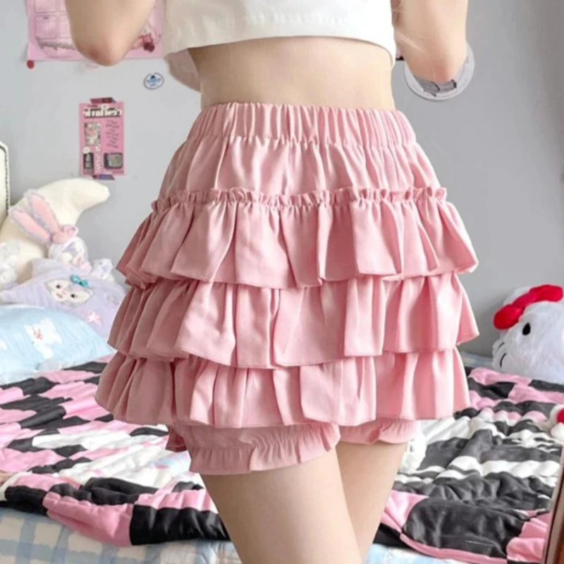Pastel Tiered Ruffle Mini Skirt with Built-in Bloomer Shorts Layered Frill Skort Women Soft-Girl Kawaii Lolita Jirai Kei Sukapan