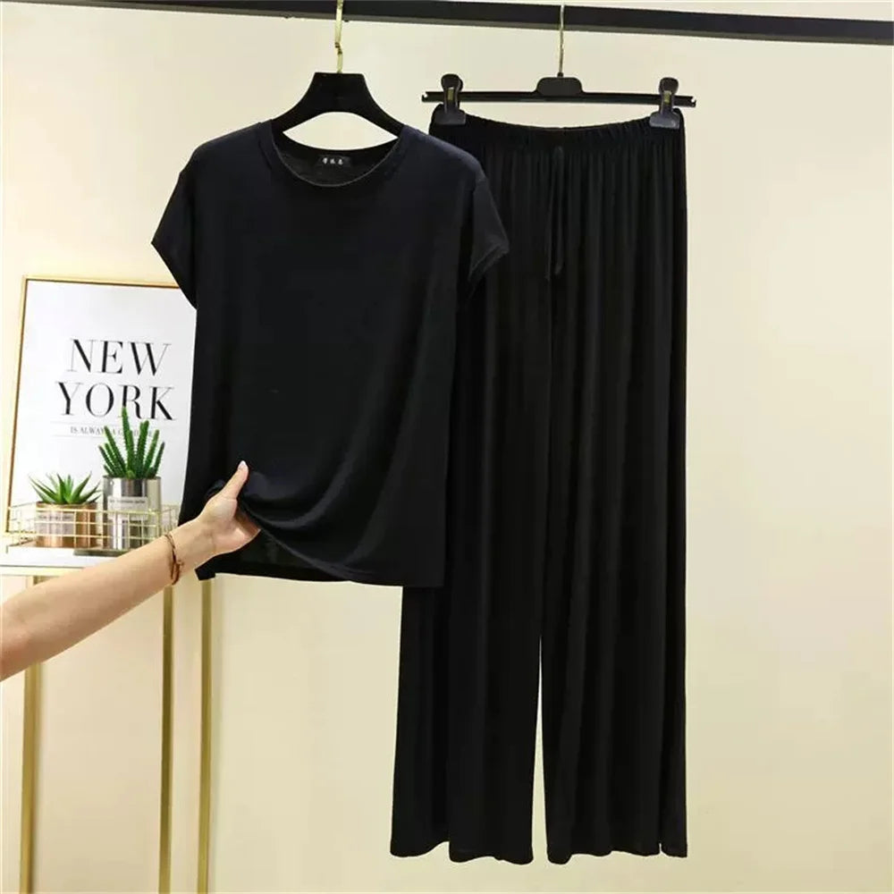 Women's Modal Pajama Set - Short Sleeve T-Shirt and Wide Leg Pants
