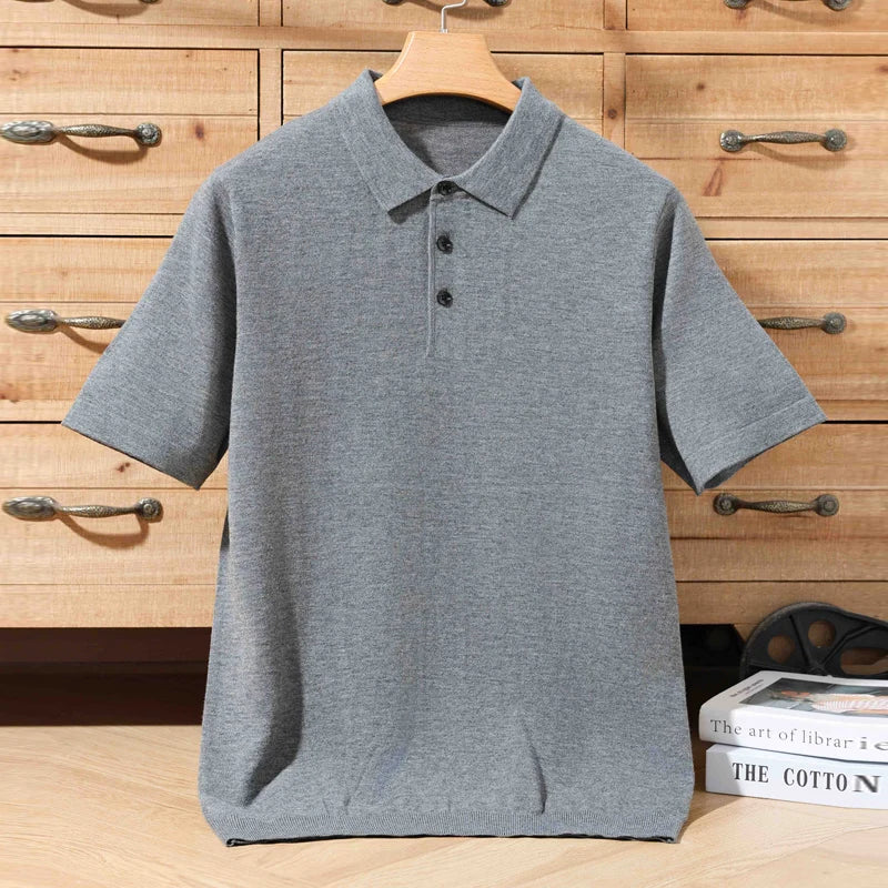Summer 100% Merino Wool Men'S Lapel Pullover Short Sleeve Polo Neck Sweater Loose Top Business Casual Knit T-Shirt