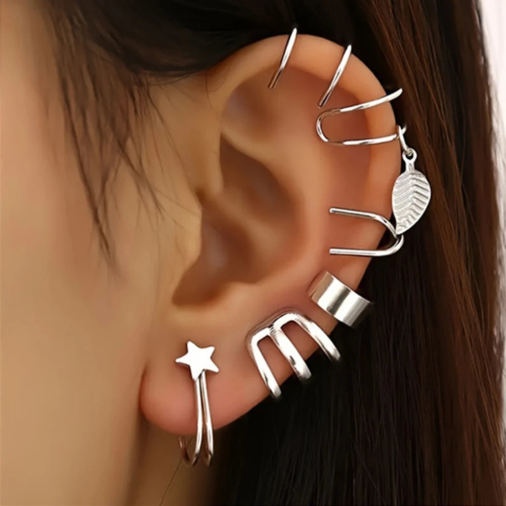 Elegant Clip On Ear Cuff Set For Women Silver No Piercing Leaf Circle Design 5 Pcs Gift Bundle