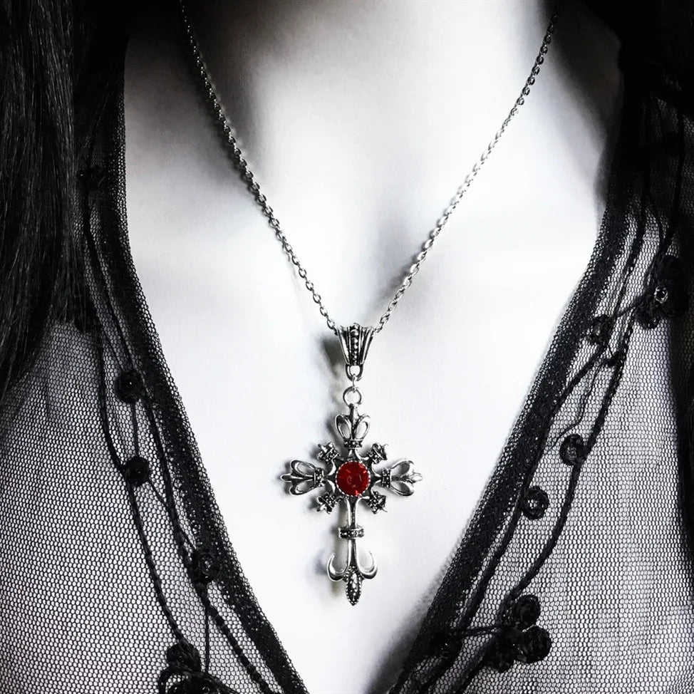 Gothic Black Ruby Cross Pendant Men'S Women'S'S Necklace European And American Retro Fashion Jewelry Gifts