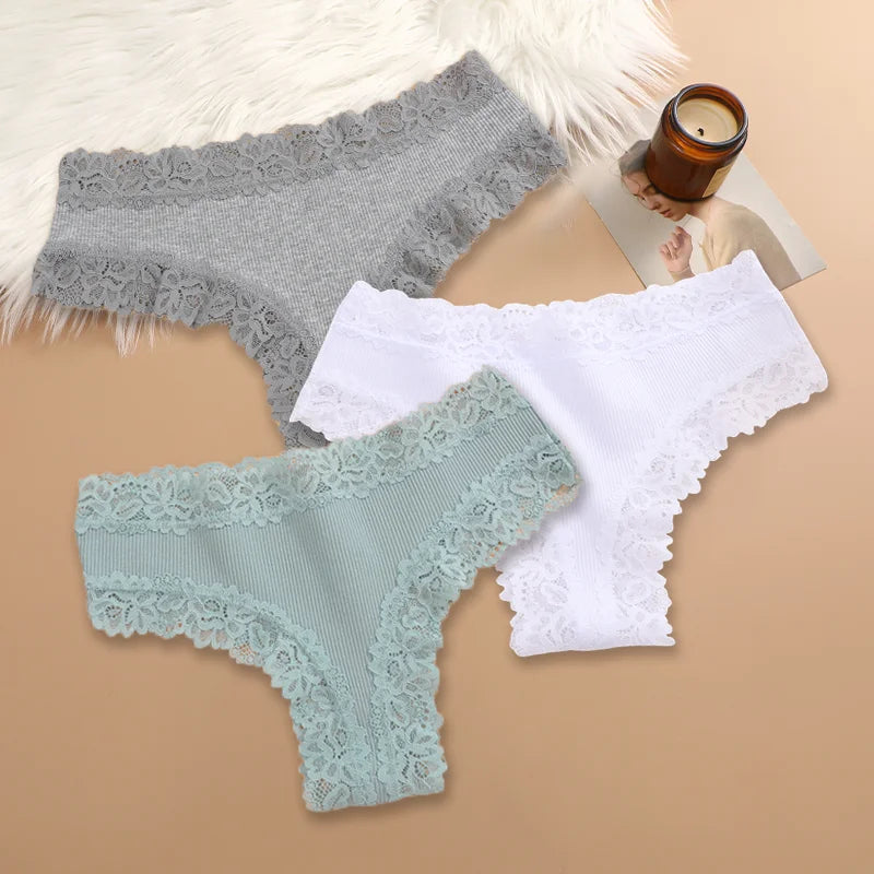 Women Cotton Panties Set 3 Pieces Floral Lace Patchwork Briefs Breathable Soft Underwear Size S XL
