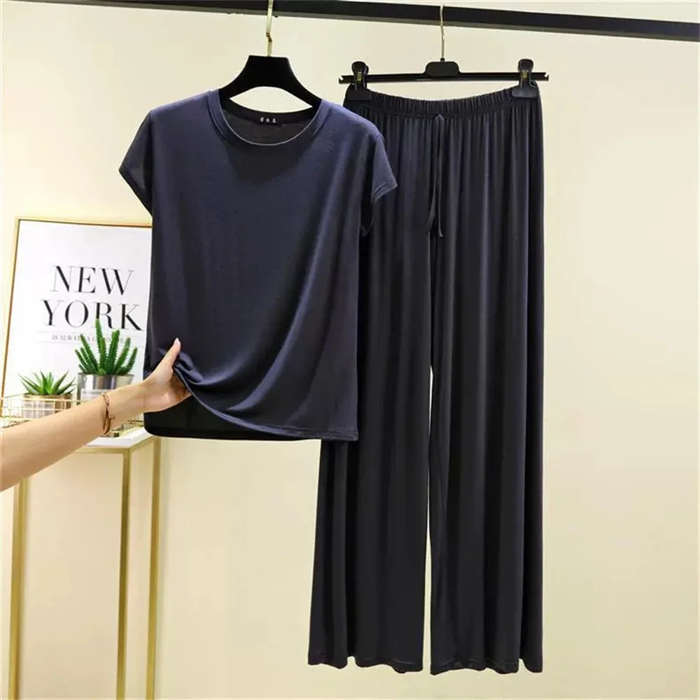 2025 Oversized M to 6XL Short Sleeve Tshirts and Wide leg pants Solid color Summer Modal Pajamas sets Casual homewear 2pcs suit