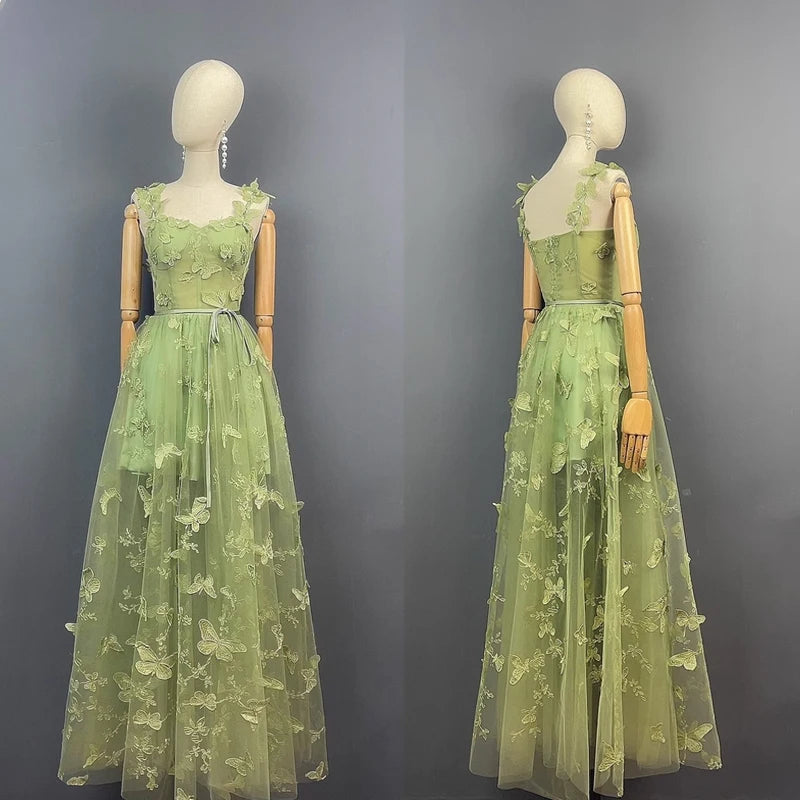 with Lace 3D Butterfly Sexy Slit Ball Gown Evening Dresses Wedding Formal Party Vestidos New Women Corset Long Tulle Prom Dress