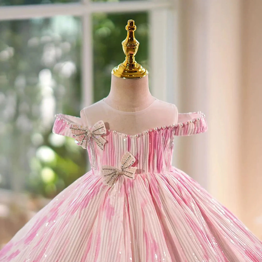 Dreamy Vow J432 Elegant Pink White Girls Dress Pleated Fabric Floral Decoration for Kids Wedding Birthday Party Short Ball Gown