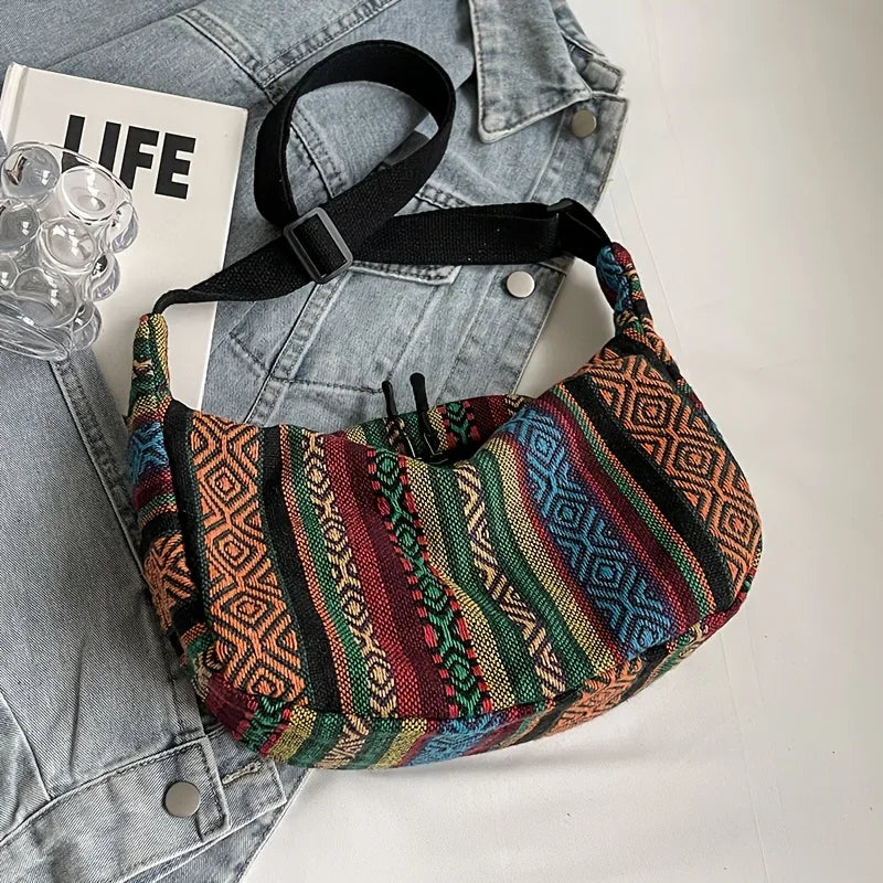Crossbody Bags Tribal Style Shoulder Bag, Foldable Crossbody Striped Pattern, Flag Theme Hand Washable Edge Painted Lining