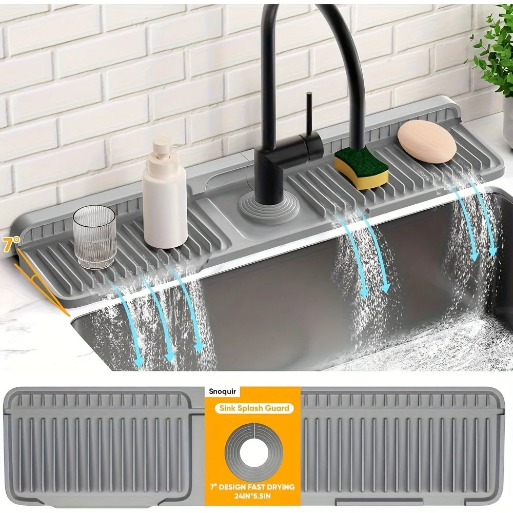Protector contra salpicaduras para fregadero de cocina con diseño de pendiente de 7°, drenaje rápido, fijación a presión, recogedor de salpicaduras para encimeras de cocina y baño