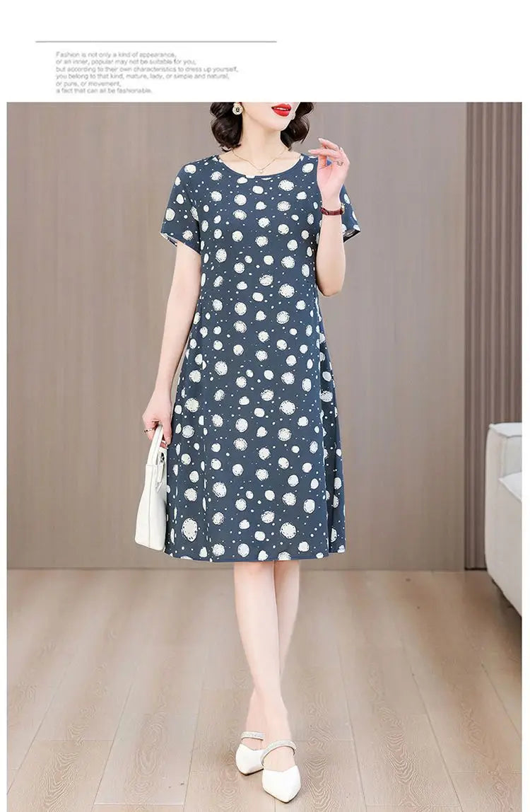 Women Summer Cotton Midi Dress Polka Dot Print Round Neck Short Sleeve Loose Casual Home Outdoor Dress S 4XL