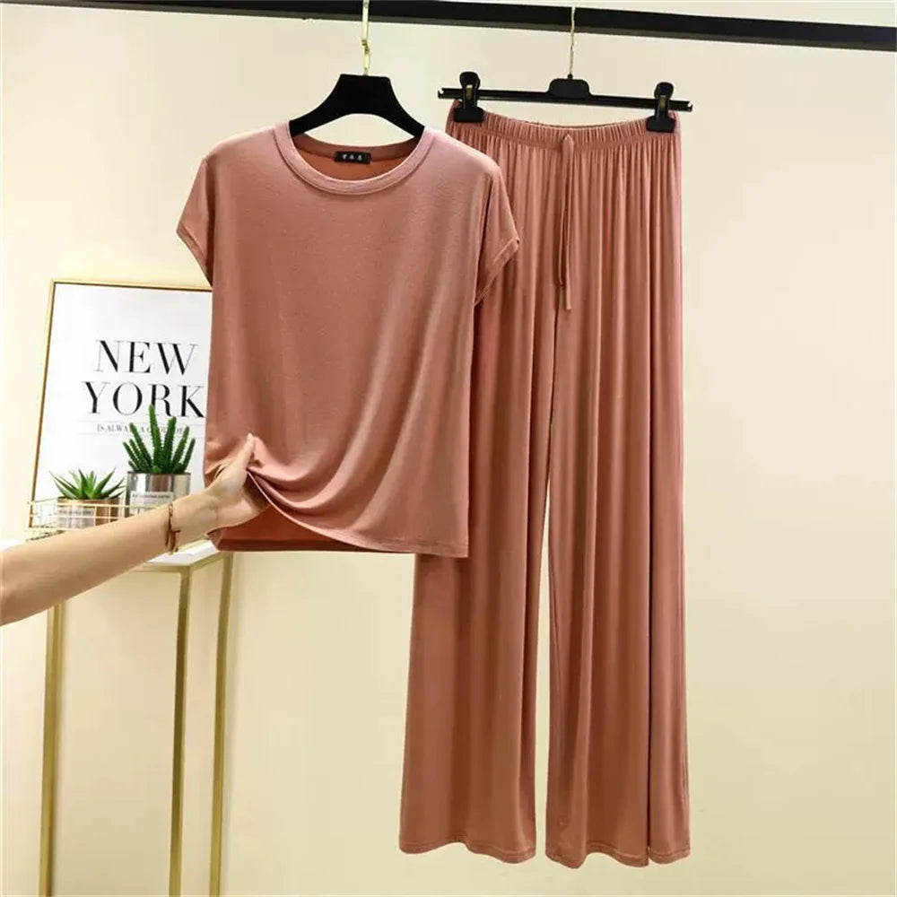 Women's Modal Pajama Set - Short Sleeve T-Shirt and Wide Leg Pants