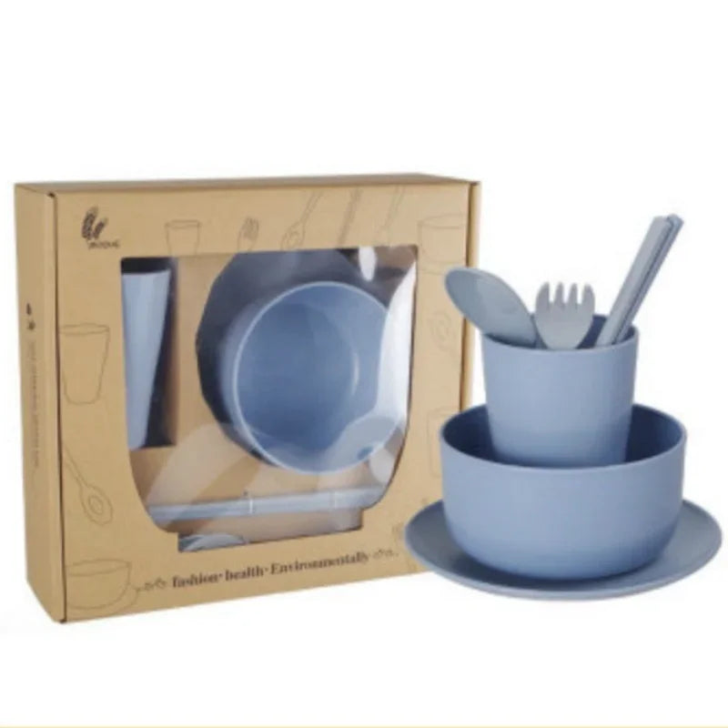 6 Pcs/Set Wheat Straw Baby Tableware Children Food Dishes Bowl Feeding Infant Learning Dinnerware Spoon Chopsticks Fork Cup New