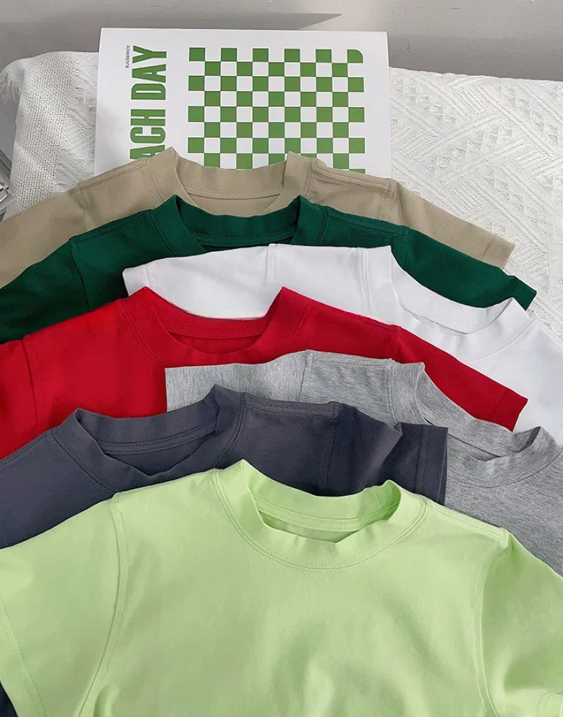 Kids Solid Color Cotton T-Shirt 2026 Spring Summer New Boys Girls Round Neck Short Sleeve Basic Tops Children Casual Tees