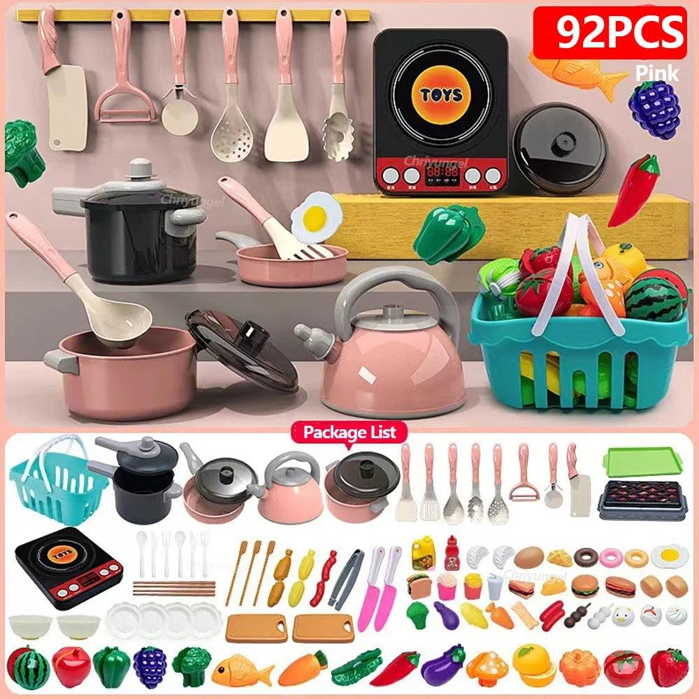 Juego de juguetes de cocina para niños de 92/69/59 piezas, kit de accesorios de cocina de juego con ollas de juego, comida de juguete de simulación, regalo para niñas y niños pequeños