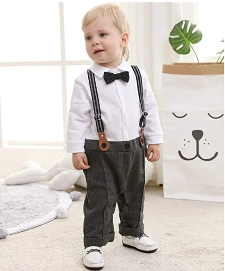 Newborn Baby Boy Formal Suit  Party Birthday Wedding Toddler Boys Outfit  Jumpsuit+Waistcoat+Beret+Bowtie+Suspender 0-3 Months