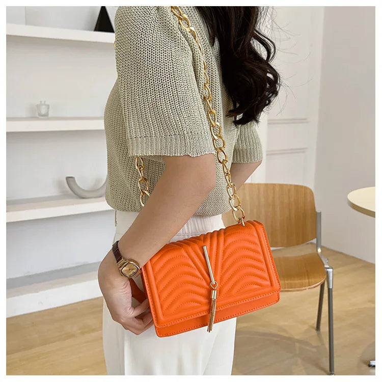 Brand Designer PU Striped Women's Shoulder Bag Fashion Tassel Chain Crossbody Bag Small flap Handbag  2023 Trend