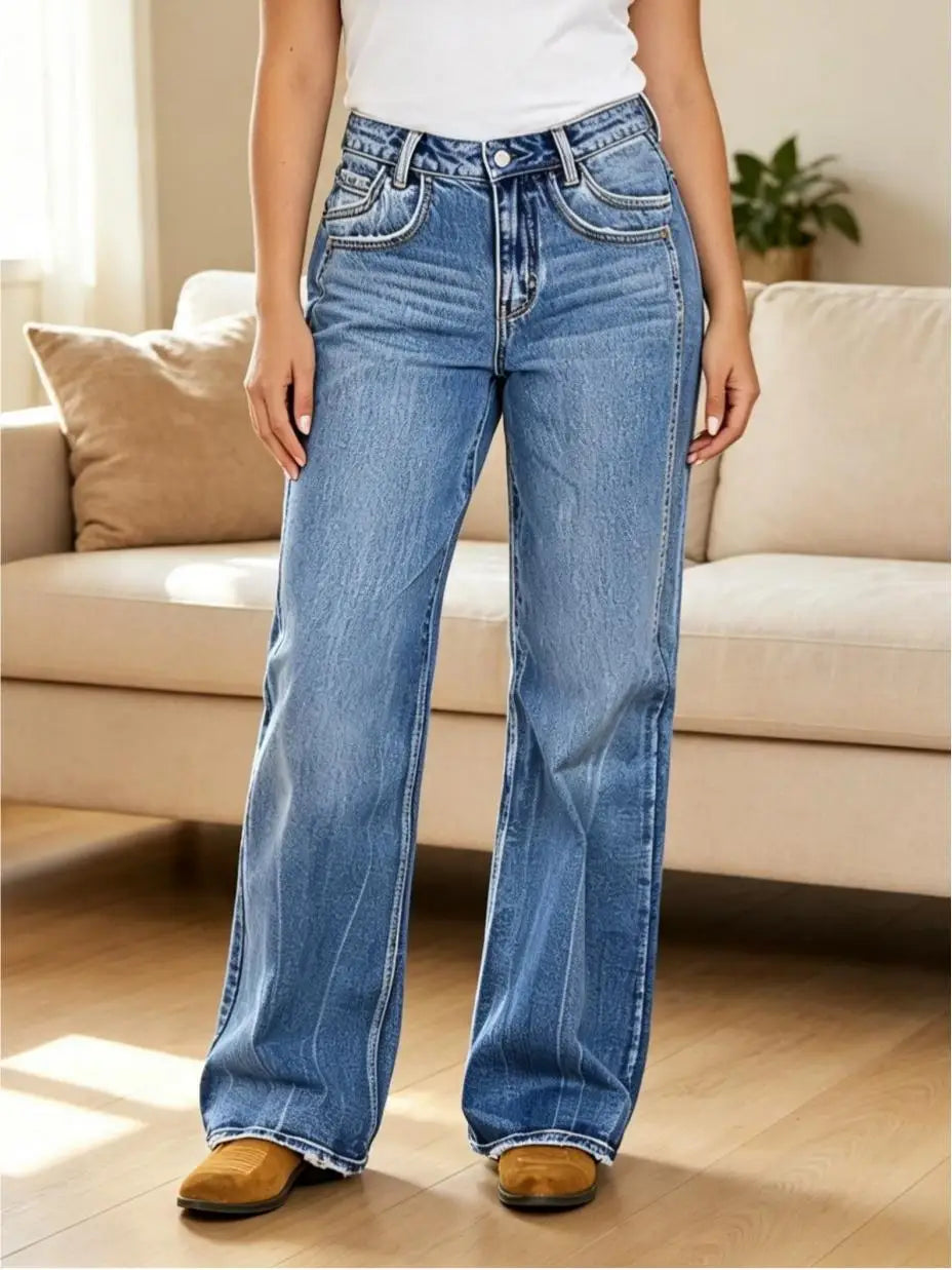【HME】Jeans | Curvy‑Friendly High Waist Denim Pants Ladies, Retro Flare Wide‑Leg Denim Jeans With Natural Stone‑Wash Finish, Frayed Raw Hem, Stretch Comfort Pants, Classic Five‑Pocket Design For Weekend And Casual