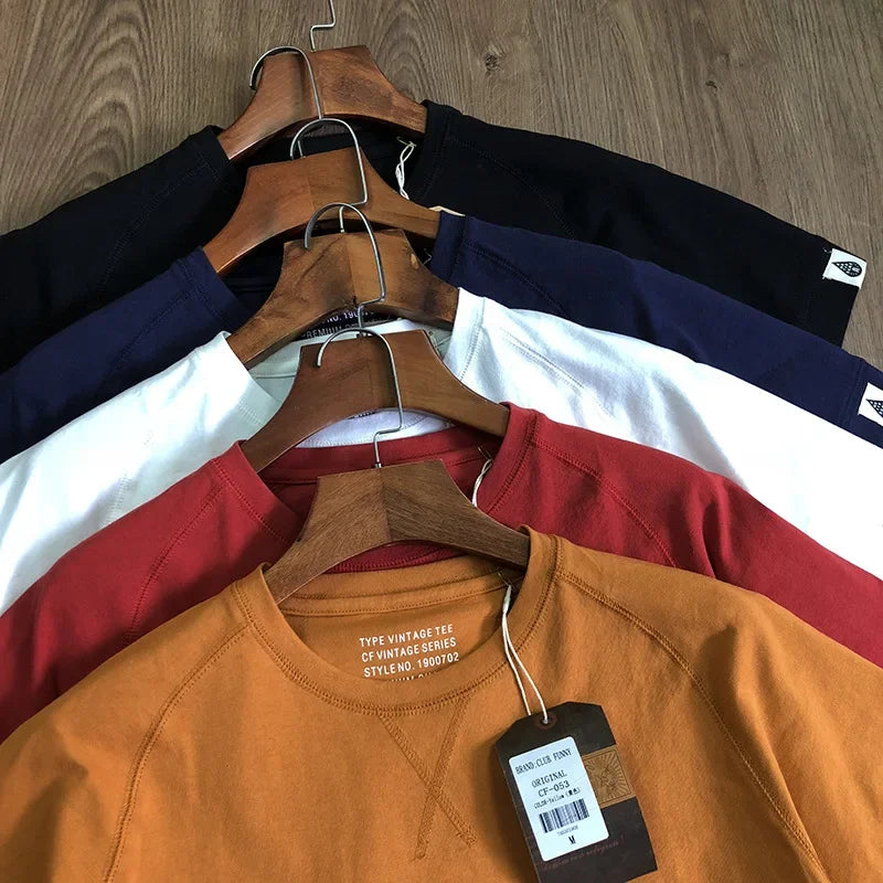 220gsm Heavyweight 100% Cotton Raglan Sleeve T-shirt Men's Short Sleeve Japanese Retro Loose Round Neck Summer T-shirt Tees Tops