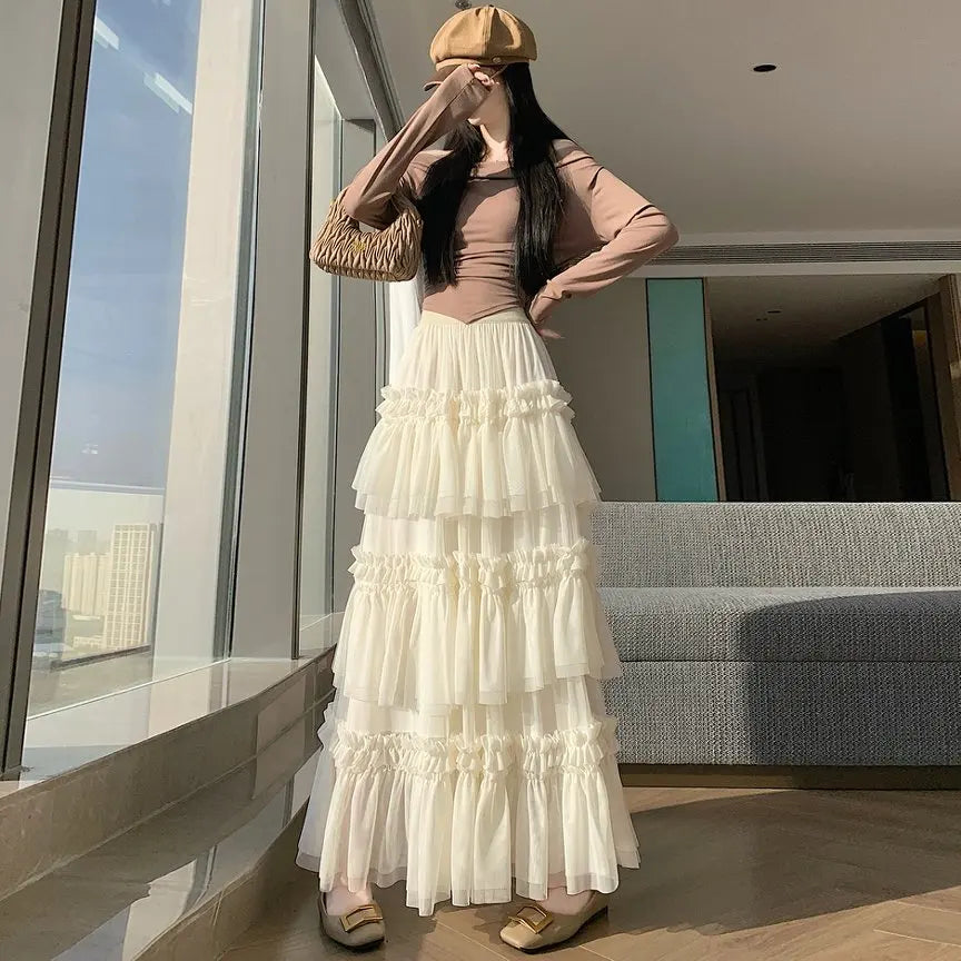 Qiukichonson Midi Long Skirt Women Patchwork Mesh Lolita Spring Summer High Waisted High Low Ruched Ruffles Ball Gown Skirt rok