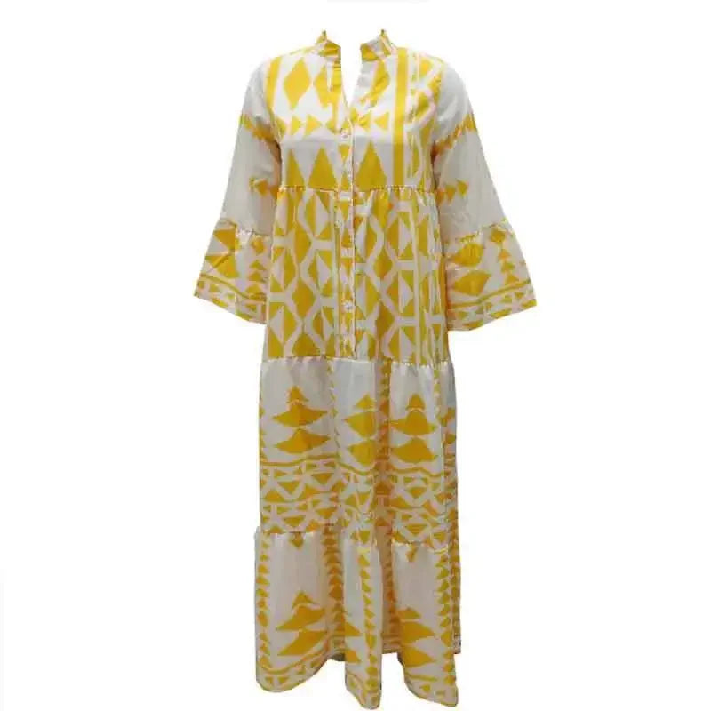 V-neck Long Sleeve High Waist Single Breasted Long Skirt New Holiday Loose Casual Women's Clothes Women Print Long Sleeve Dress
