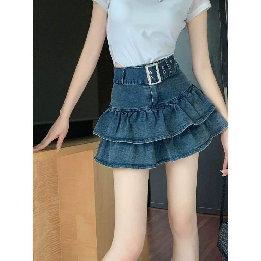 High Waist Short Denim Skirt Women's Summer Dopaamine Design Slimming A-Line Skirt with Lace Trim Super Short Casual Skirt