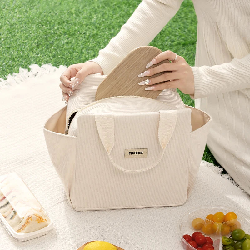 Bolsa de almuerzo de pana con aislamiento térmico, lonchera, bolso de mano, multifuncional, para niños, escuela, enfriador, bolsa de picnic, bolsa de comida