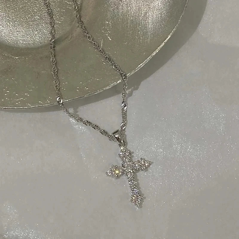 Shiny Crystal Zircon Cross Pendant Necklace For Women'S Girls Punk Silver Color Thin Chain Necklace Jewelry Birthday