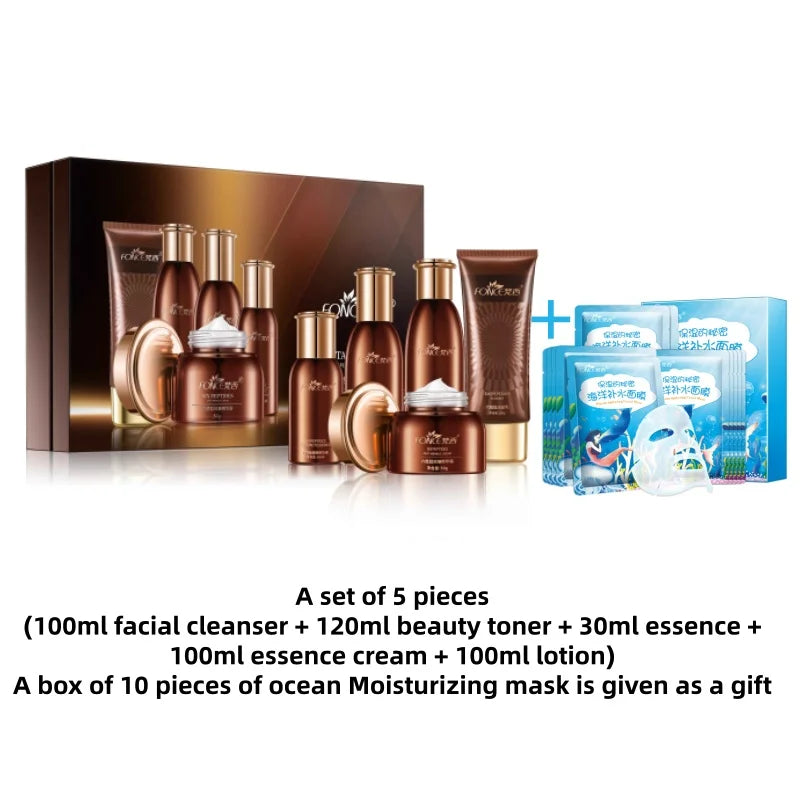 5Pcs Fonce Hexapeptide Firming Anti-Aging Beauty Set Contains Facial Cleanser Serum Toner Anti-Wrinkle Cream Women'S Face Care Kit