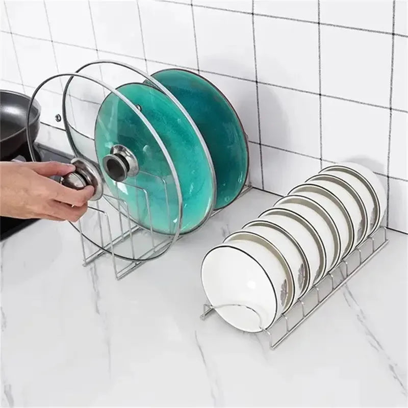 Organizador de platos de acero inoxidable para cocina, escurridor de platos, estante para cubiertos, tapas de ollas, accesorios de cocina.