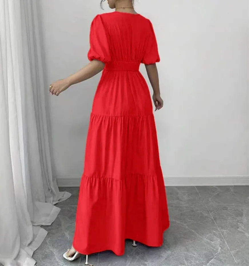 New Spring/Summer Fashion Casual Short Sleeve V-neck Solid Color Slim Fit Ankle Length Patchwork Fit And Flare Dress,2 Colors
