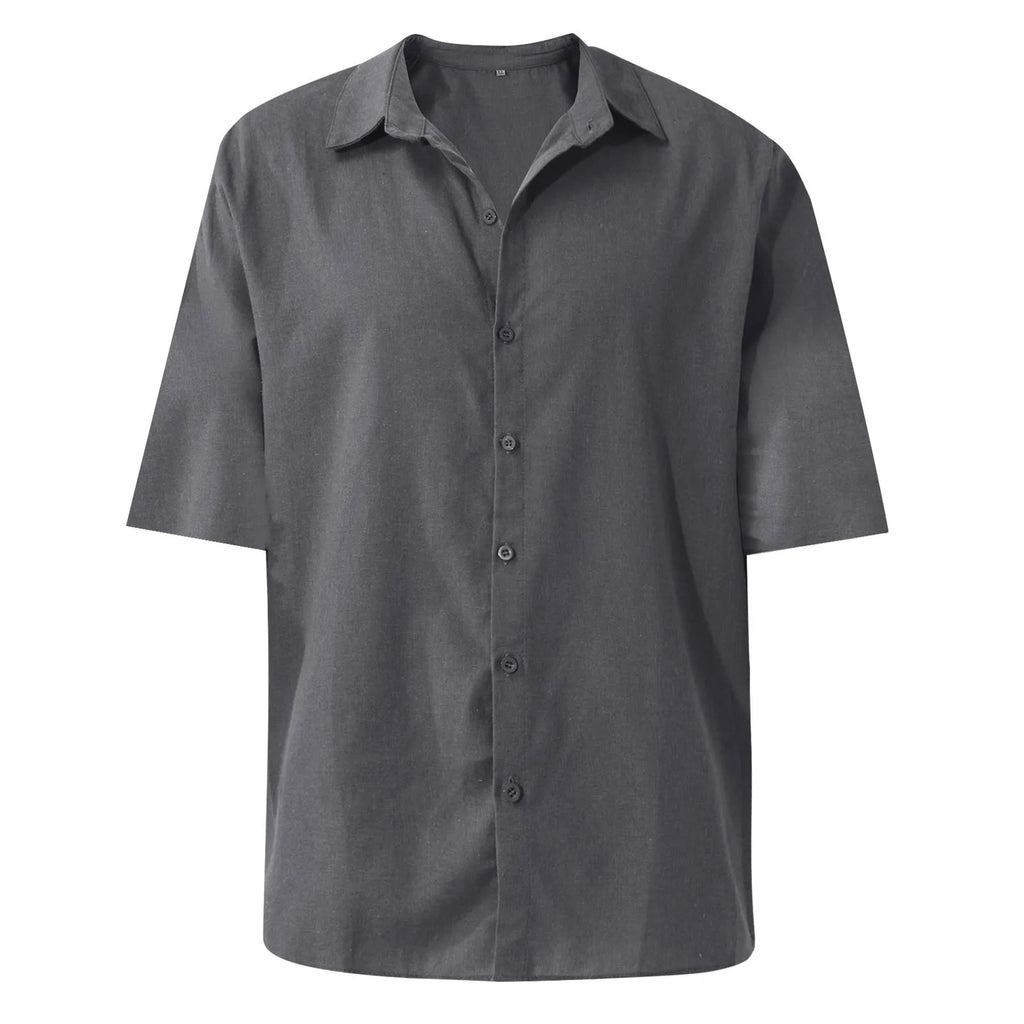 Men'S Short-Sleeved Shirts Cotton Linen Summer Solid Color Turn-Down Collar Quick Drying Casual Beach Style Plus Size Shirts