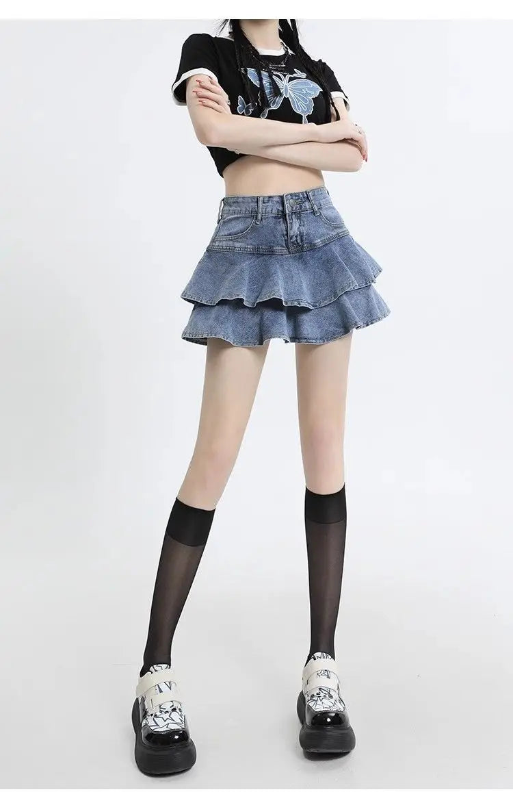 Women's Double Layer Ruffled Denim Mini Skirt With Heart Chain Decoration