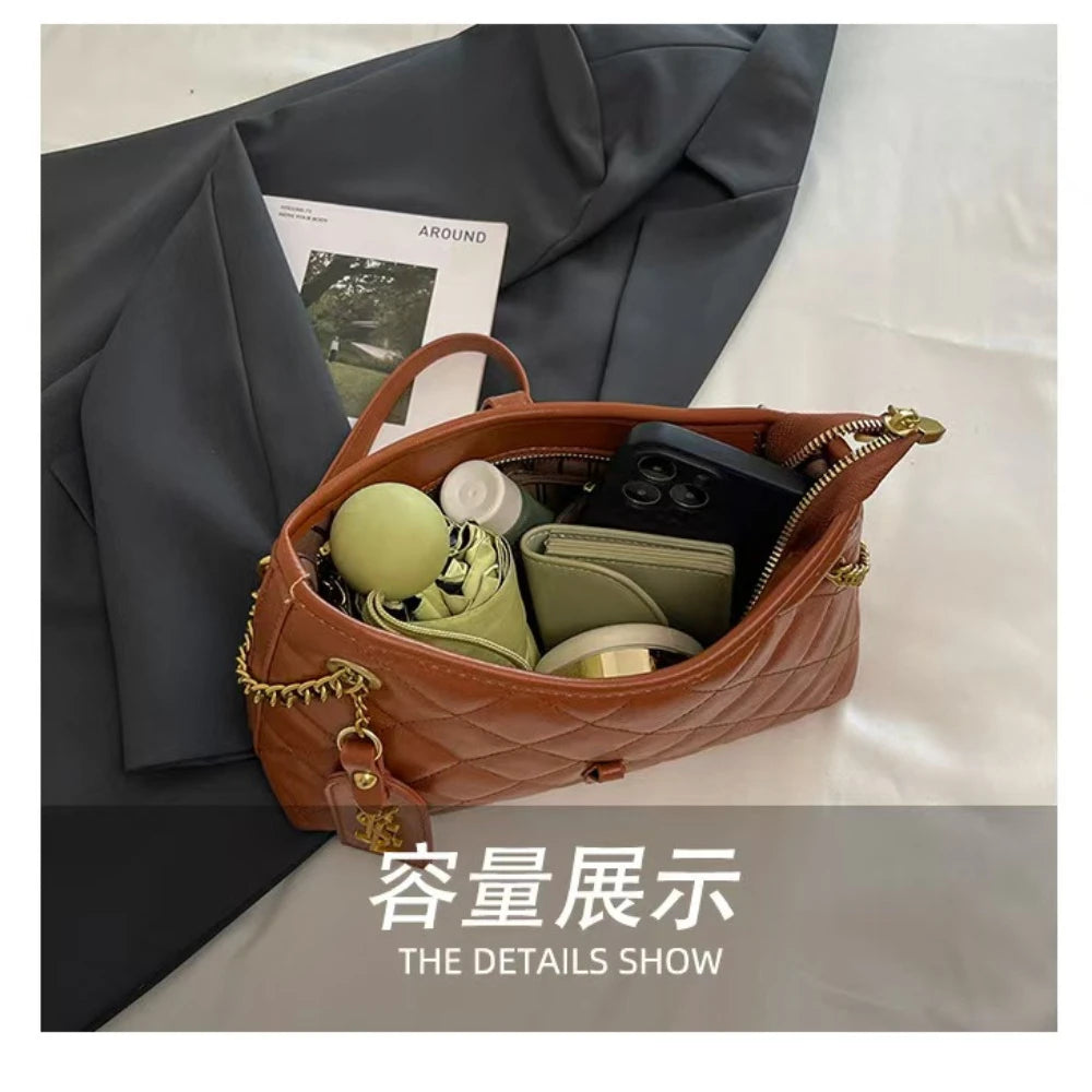 European Style This Year's New High-End Women's Diamond Grid Chain Bag Versatile for Work, Black Single Shoulder Crossbody Bag