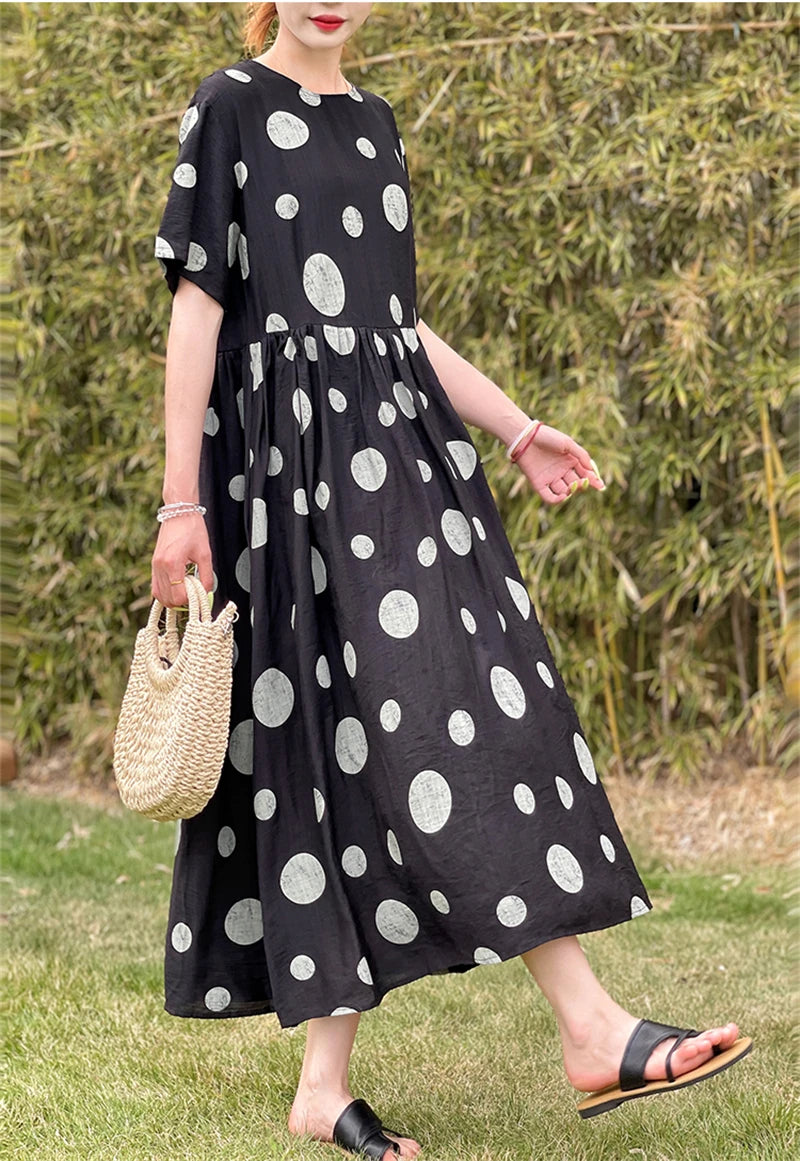 Summer Cotton Vintage Casual Loose Black Dresses For Women Short Sleeve Polka Dot Dress Femme Robe Vestidos Elegant Long Clothes
