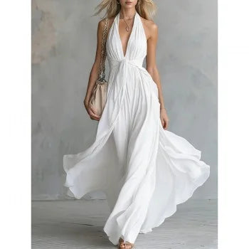 Elegant V-Neck Sleeveless Waist-Cinched Long Dress Summer New Style Pure Color Holiday Vibes Cross-Border Polyester Maxi Dress