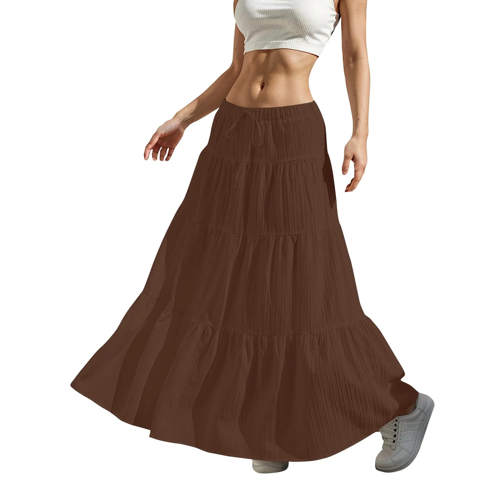 Women's Flared Ruffle Hem Maxi Skirt Fashion Women Solid Long Skirts Elastic Waist Elegant Long Skirt Spring Summer Cake Dress