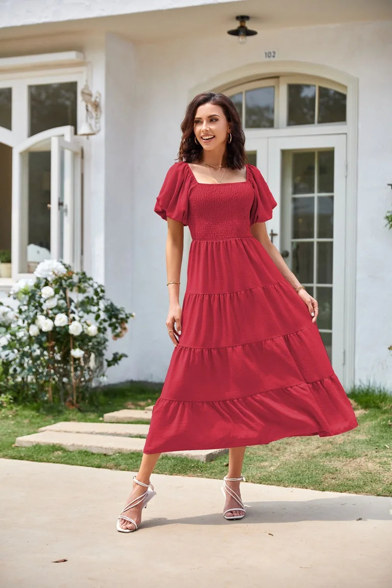 2026 Spring Summer Elegant Women's Long Dress Fashionable Solid Color Square Neck Puff Sleeve Pleated Slim Fit Loose Hem Dress