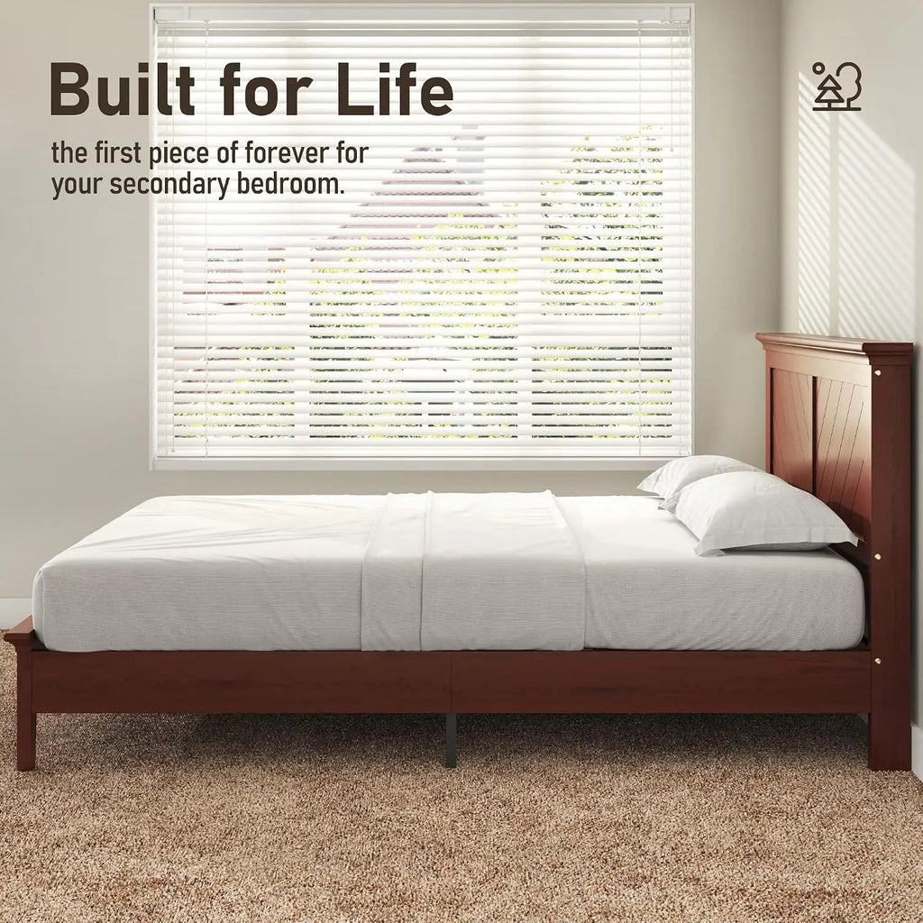 Solid Acacia Wood Queen Bed Frame with Headboard Cherry Finish, Customized