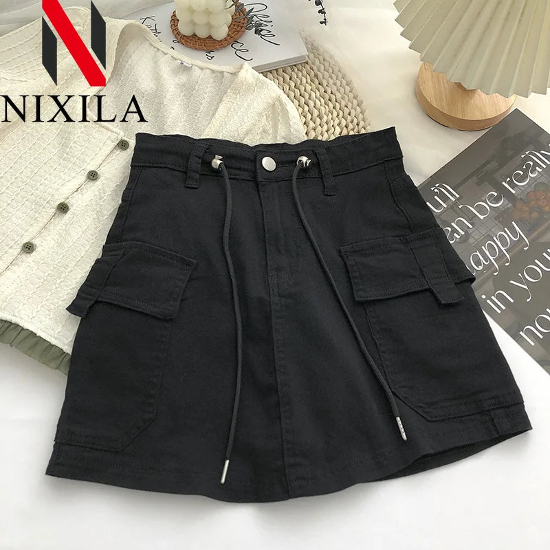 New in Women Summer Drawstring High Waist Denim Package Hip Half-body Skirt Korean Fashion Vintage Versatile Skirt Women Clothes