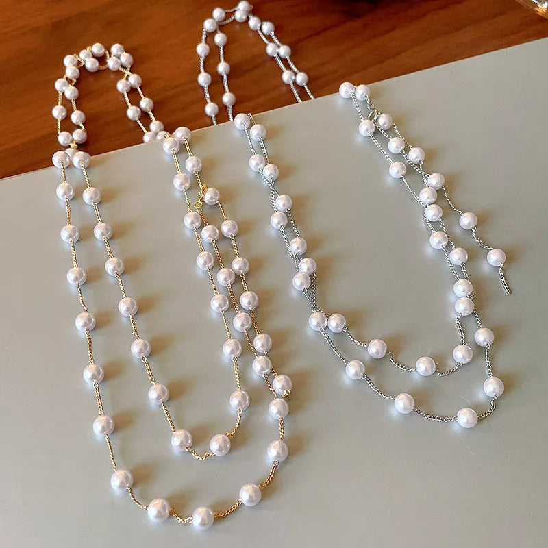 Elegant Double-layer Simulated Pearl Chain Necklaces Women Exquisite Bikini Dress Necklace Beach Jewelry Dinner Party Gift K-