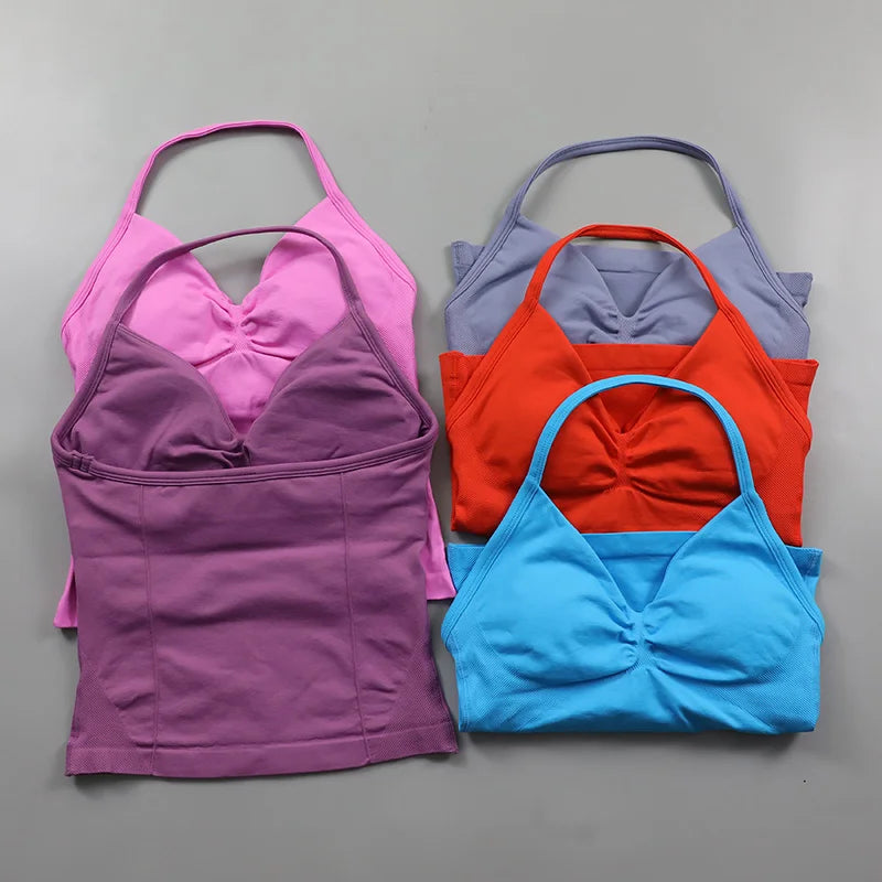 No Logo Longline Strappy Top Women Seamless Yoga Tank Top Ruched Backless Gym Clothes Workout Sleeveless Shirt With Built In Bra